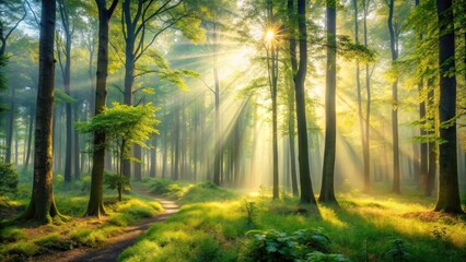 Obraz premium Soothing forest landscape with misty atmosphere and gentle sunlight filtering through trees, relaxation, misty morning