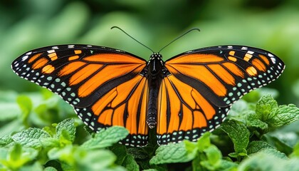 Close-up of a Monarch butterfly, wings spread wide, perched on vibrant green foliage. Illustrates the beauty and detail of nature; ideal for environmental or wildlife themes.