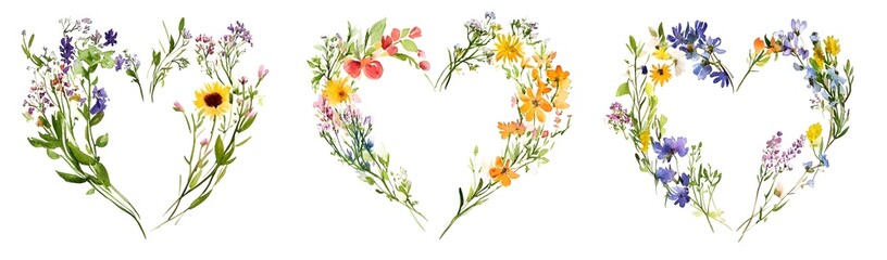 Watercolor Wildflower Heart Arrangements Botanical Illustration