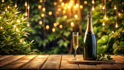 Elegant champagne bottle standing alone on a luxurious wooden table amidst lush greenery and soft candlelight, champagne bottle, luxury