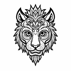 head of tiger art tribal style black and white outline illustration design