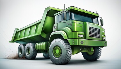 A bright green dump truck with large wheels is positioned at an angle, showcasing its robust design and capacity for transporting materials.