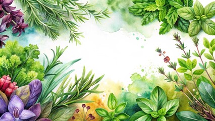 Fototapeta premium Colorful watercolor background with a variety of culinary herbs and plants including basil, rosemary, thyme, and oregano, garden