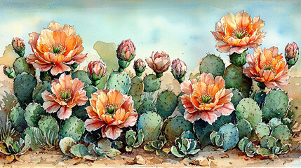 Watercolor painting of prickly pear cactus in bloom.
