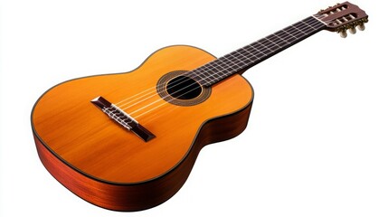 Obraz premium Classical guitar, orange wood, six strings, isolated on white background.