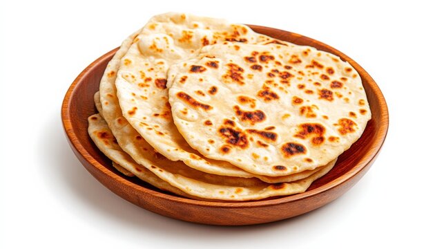 Freshly Baked Roti: A rustic wooden bowl overflows with golden-brown rotis, each one a perfect circle of soft, flaky goodness.