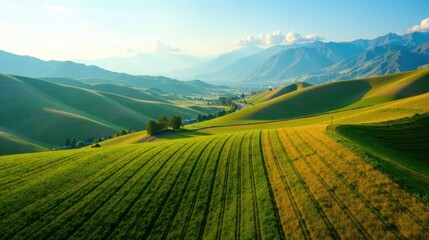 Fototapeta premium Serene Rolling Hills Farmland Landscape with Lush Green Fields and Distant Mountains