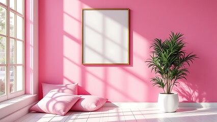 Pink room with an empty picture frame on wall serves as a mockup for potential artwork or photographs