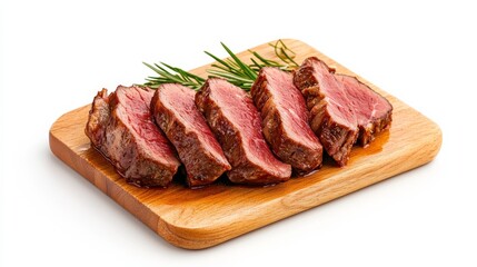 Seared Steak on Rustic Wood Cutting Board: Juicy, medium-rare steak slices, glistening with savory juices, are arranged on a rustic wooden cutting board, garnished with sprigs of fresh rosemary.