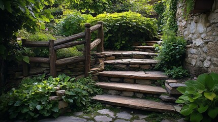 Stone steps winding through a lush garden.