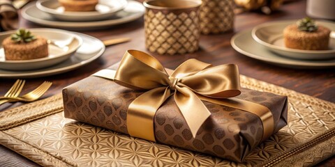 Elegant brown wrapping paper with golden accents and a subtle sheen, carefully arranged around a luxurious gift box in the center of a decorative table setting, special occasion, high end
