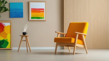 [cozy indoor activities art comfort space] Modern Minimalist Living Room with Yellow Armchair & Abstract Art