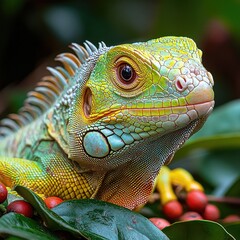 Obraz premium [Agama lizard perched on branch with red berries] Vibrant Geckos Perched Among Red Berries in Tropical Jungle Environment