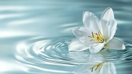 A close-up side angle of a white lily floating on water, capturing its reflection and subtle water ripples.