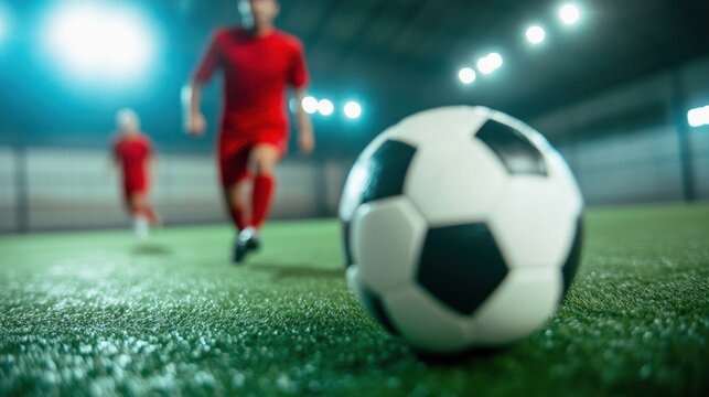 Players in red uniforms are engaged in an exciting indoor soccer game, focused on a rolling ball on the synthetic turf - Powered by Adobe