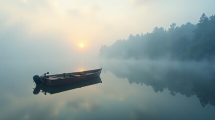 Serene Sunrise Small Boat on Misty Water with Silhouetted Trees