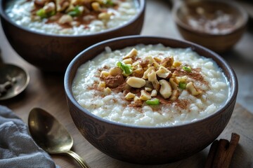 Two bowls of white rice with nuts and cinnamon on top. The bowls are on a wooden table