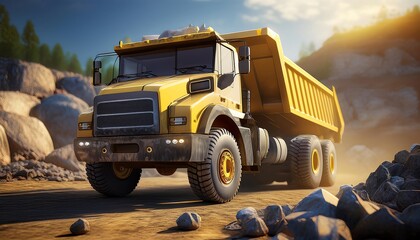 Obraz premium A bright yellow dump truck navigates a rugged terrain, surrounded by rocks and trees, showcasing its sturdy build and powerful presence in an industrial setting.