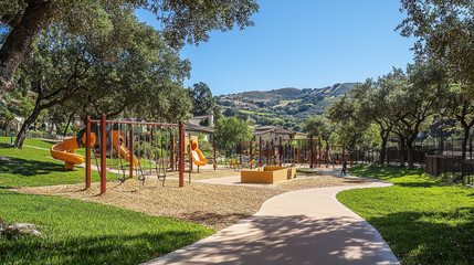 Children's playground with slides, swings, and climbing structures in a park setting with trees and hills in the background.