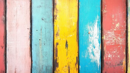 Obraz premium Brightly colored wooden planks form a lively background perfect for crafts, decorations, and artistic expressions in a studio or workshop