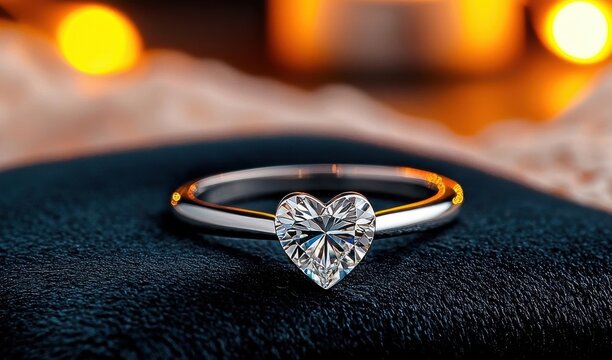 [Valentine's Day preparation dinner romantic] Romantic Jewelry Setup Silver Heart Pendant & Diamond Ring in Warm Dimly Lit Ambiance with Velvet Surface