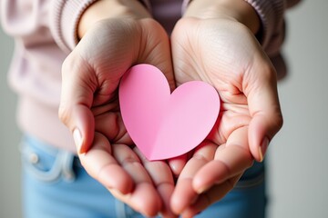 Fototapeta premium Hands holding pink heart shape symbolizing love and care, perfect for Valentine's Day or relationship themes.