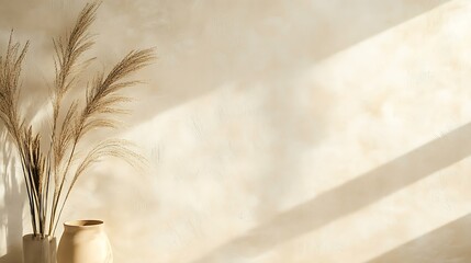Dried Pampas Grass in Beige Vases Against a Textured Wall