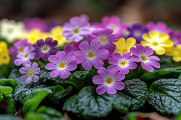 Close-up of vibrant purple, yellow, and white primroses. Perfect for spring themes, nature blogs, or garden websites.