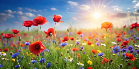 Fototapeta premium Summer Meadow with Red Poppies and Wildflowers, wildflowers, nature, wildflowers, nature