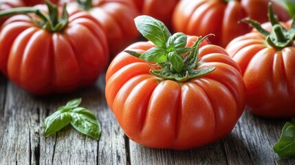 Bunch of red tomatoes with green leaves on top. The tomatoes are piled on top of each other