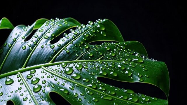 Close-up of monstera leaf with water droplets, vibrant greenery. Nature freshness and tranquility concept