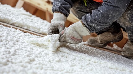 Worker's hands applying white spray foam insulation. Shows the process of insulating a building for energy efficiency.