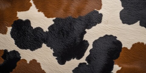 Cow print rug with black and brown spots. The rug is made of animal hair and has a fuzzy texture