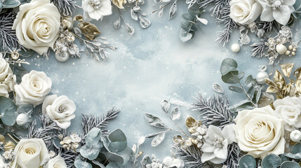 Floral Arrangement on snowy ice Background, Elegant White floral Arrangement with Winter Roses and Pinecones and leaves, cozy textiles border design on frosty backdrop.
