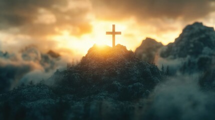 Fototapeta premium A cross stands prominently on a mountain peak, bathed in warm divine light as the sun rises, surrounded by soft clouds and mist