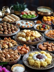 Table full of food with many different types of food on it. The food is arranged in many different bowls and plates