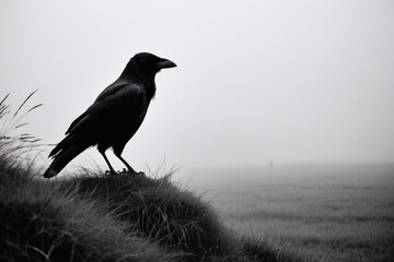   Brown monochrome picture foggy background a crow's silhouette close-up, looking into the distance with messy grassland nearby
