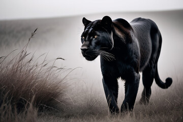  Brown monochrome picture foggy background a black panther's  silhouette close-up, looking into the distance with messy grassland nearby
