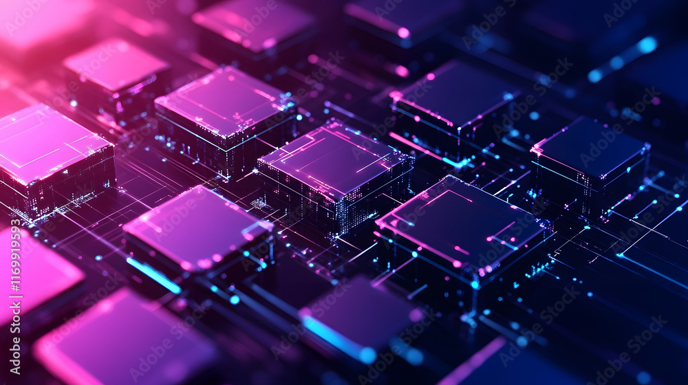 Poster futuristic circuit board with glowing elements in vibrant colors
