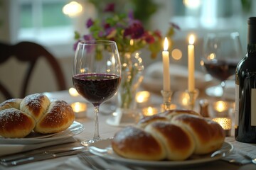 Table with a wine glass, candles, and bread. Scene is romantic and intimate