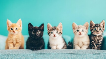 Five playful kittens of various colors enjoy a leisurely moment on a couch, their curious expressions brightening the room