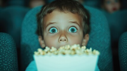 A delighted child sits in a plush cinema seat, eyes wide with excitement, holding a big tub of popcorn while watching a movie