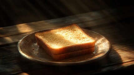 Single slice of toasted bread on rustic plate, bathed in sunlight.