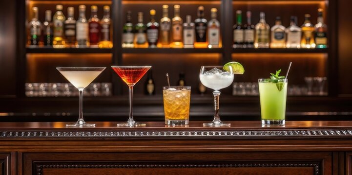 A vibrant bar scene showcasing five distinct cocktails against a backdrop of illuminated liquor bottles, highlighting a variety of colors and styles.