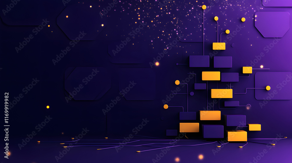 Poster Abstract geometric design with purple backdrop and floating elements