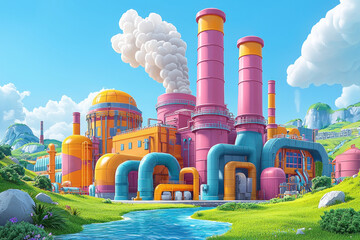 Colorful cartoon factory in a idyllic landscape.
