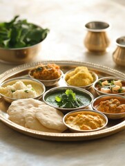 Tray of food with a variety of dishes including a bowl of green salad. The tray is placed on a table with a bowl of greens in the background