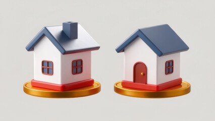 Two colorful miniature houses on circular bases, representing home, real estate, or architectural themes.