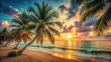 Warmth of sunset fading over palm trees on sandy tropical beach with film distressed tones and vibrant turquoise ocean, gentle sea breeze rustling leaves , natural textures, golden hour