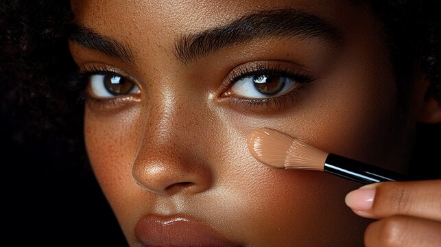 Woman applying makeup with a brush to her face